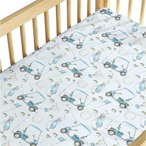 Baby Boys Standard Crib Sheet Covers Golf Gear Sport, Watercolor Blue Ball Glove Car Stick Snug Fitted Toddler Mattress Sheet, Soft Stretchy Breathable Kids Nursery Bed Decor Gift 52 x 28