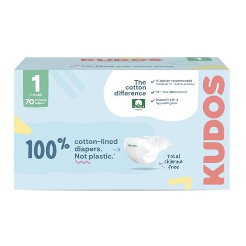 Kudos Chlorine Free Premium Diapers, 100% Cotton-Lined Ultra Soft, Size 1-70 Count