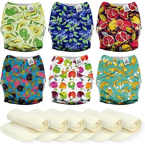Mama Koala 3.0 Cloth Diapers for Babies, 6 Pack One Size Washable and Reusable Pocket Diapers for Newborns and Toddlers (Fruit Meeting)