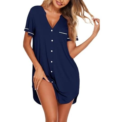 Ekouaer Nightgowns for Women Button Down Night Gowns Short Sleeve Sleep Shirt V Neck Nightshirt Soft Sleepwear Pajams Dress