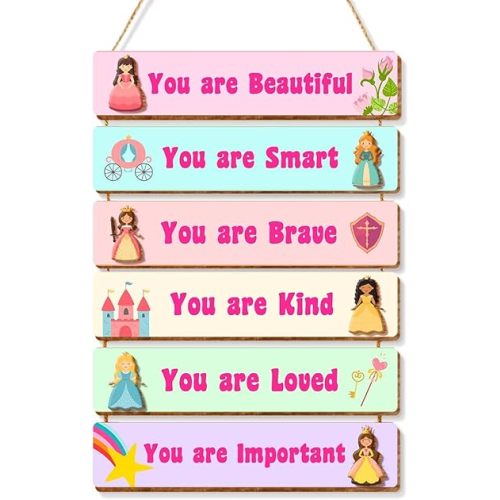 6 Pcs Princess Room Decor for Girls,You Are Beautiful Inspirational Quote Wall Art Wooden Hanging Signs for Girls Room Toddler Nursery Playroom Classroom Decor