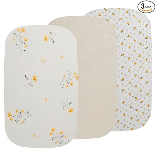 Onacosht Muslin Bassinet Sheets 3 Pack, 100% Cotton Baby Fitted Sheet 33" x 19" Compatible with Mika Micky, KoolaBaby (3 in 1), BabyBond, HARPPA and RICUTON Bedside Bassinet, Leaf and Floral Beige