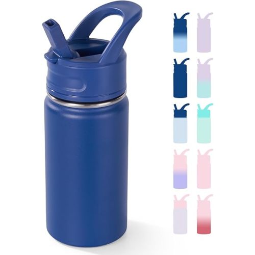 12oz Kids Water Bottle for School, Toddler Water Bottles with Straws, Insulated Water Bottles for Boys&Girls, Stainless Steel Vacuum Insulated Bottle for Kids, Leak-Proof, BPA-Free, Blue