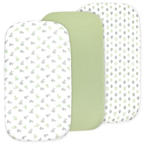 3 Pack Organic Muslin Bedside Bassinet Sheets Compatible with Mika Micky, Baby Delight, Dream On Me, AMKE and Other Bassinet Pads Size Between 17-21 in Width, 29-33 in Length, and 1.5-4 in Thick