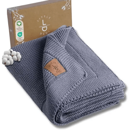 100% Organic Cotton GOTS Certified Baby Knitted Blanket with Gift Box - Soft Toddler, Crib, Stroller Blanket - Neutral Swaddle and Receiving Blanket for Newborns, 30"x40", Grey Blue