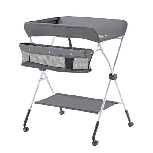 VEVOR Baby Changing Table, Foldable Diaper Change Station with Side Basket, Adjustable Height Changing Table with Lockable Wheels, Multi-Functional Nursery Storage Organizer, Gray