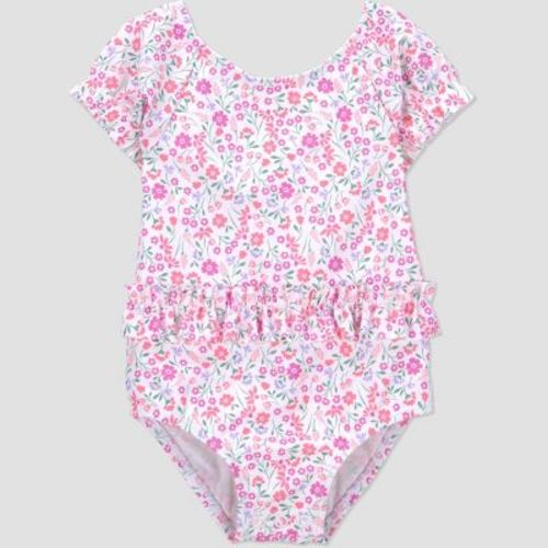 Carter's Just One You® Baby Girls' Floral Short Sleeve Ruffle Waist One Piece Swimsuit - Pink 3M