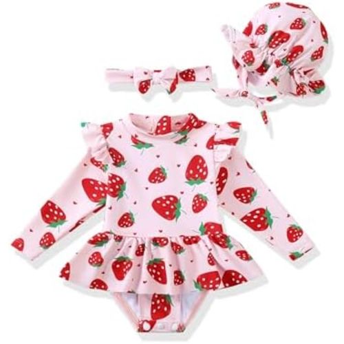 Renotemy Infant Baby Girls Swimsuit Toddler Bathing Suit Long Sleeve Zipper One-Piece Rash Guard Ruffle Swimwear with Hat