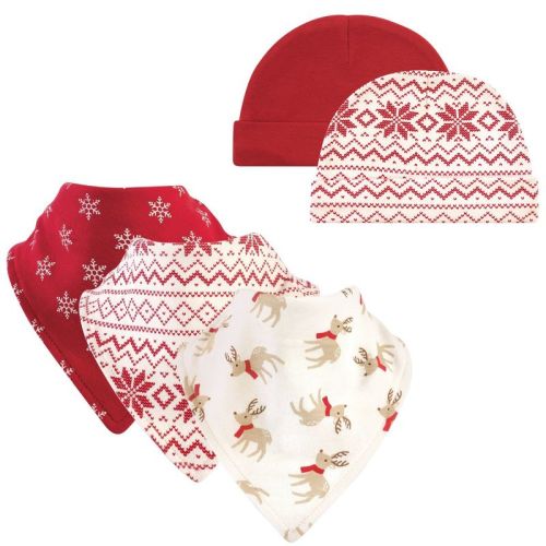 Hudson Baby Infant Boy Cotton Bib and Caps Set 5pk, Reindeer, One Size