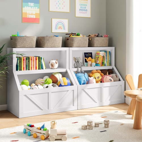Wooden Kids Bookshelf and Toy Organizer – Large Cubbies Storage Cabinet – 2-Tier Floor Standing Shelf for Playroom, Nursery, Bedroom, or School – Durable & Space-Saving – White