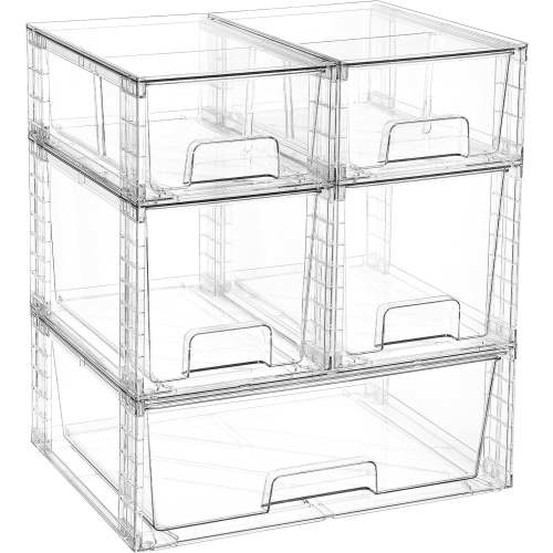 Clear Stackable Storage Drawers Set of 5, Easily Assemble Acrylic Bathroom Undersink Organizers,Plastic Storage Bins for Closet,Cabinet,Pantry,Medicine Organization