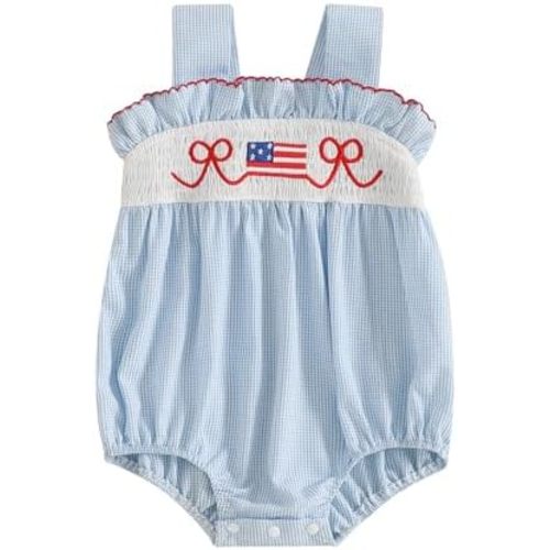 NEVUQO Newborn 4th of July Baby Girl Outfits Smocked Bubble Romper Bow American Flag Ruffle Sleeve Bodysuit Summer Clothes