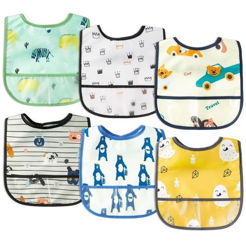 6Pcs Waterproof Toddler Bibs Baby Feeding Bib Set with Crumb Catcher Pocket, Infant Adjustable Baby Teething Bib, Babies Sleeveless Vehicles Food Bibs Keepsake Gift for Baby Shower, 6-24 Months