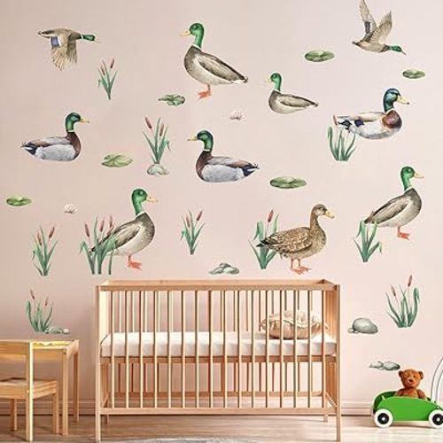 Mallard Duck Decor Wall Decals - TrinhGuo Mallard Duck Nursery Decor Stickers, Removable Waterfowl Wall Sticker, Peel and Stick Decal for Baby Bedroom Nursery Living Room Playroom