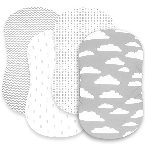 BaeBae Goods Premium Bassinet Fitted Sheet Set - 4 Pack 100% Jersey Knit - Grey and White - Chevron Pattern - Standard Size Oval or Halo Bassinet Pads