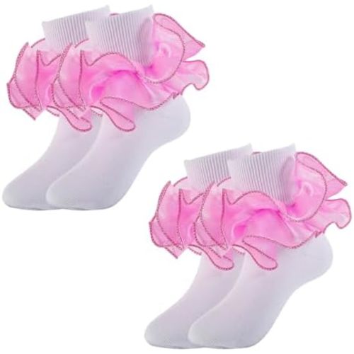 Girls Ruffle Socks Toddler Girl Gold Silver Glitter Double Lace Frilly Dress Socks Turn Cuff Sparkling Pageant Sock