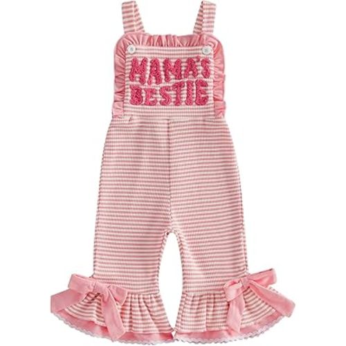 Aunties Bestie Baby Clothes Girl Sleeveless Bell Bottom Romper Letter Embroidered Striped Overalls Knit Jumpsuit