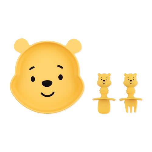 Bumkins Disney Winnie the Pooh - Silicone Grip Dish, Training Chewtensils - For Ages 6 Months+ - Suction Base - 100% Food-Safe Silicone - Oven, Microwave, Freezer, & Dishwasher Safe