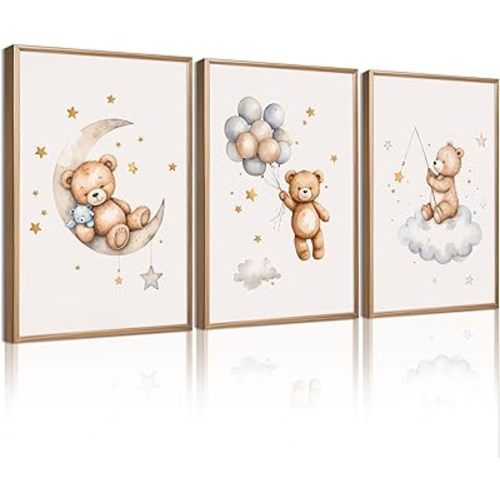 Teddy Bear Nursery Wall Art Decor Baby Boy Girl Room Poster Vintage Nursery Canvas Wall Decor Toddler Kids Room Pictures Cute Bear Neutral Artwork for Bedroom Playroom 16x24 Unframed Set of 3