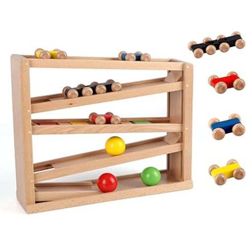 Qilay Wooden Race Track Car Ramp Racer Toy for Toddlers, 5 Level Race Car Ramp Toy Set Includes 4 Wood Cars and 3 Balls,Great Building Learning Toys or 3+ Years Old Boy and Girl