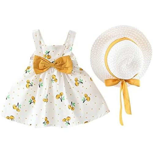 Infrant Baby Girls Summer Dresses Sleeveless Princess Clothes Cherry Polka Dot Tank Skirt Bow Hat Outfit Set 2Pcs