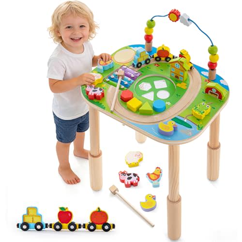 Montessori Activity Table for 1 Year Old, 9-in-1 Wooden Activity Table with Adjustable Height, Train, Shape Sorter, Xylophone, Baby Sensory Educational Learning Toys, Birthday Gift (Farm)
