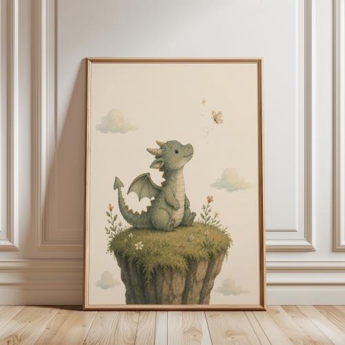 Watercolor Baby Dragon Nursery Wall Art | Boho Fantasy Kids Room Decor | Printable Mythical Creature Poster | Cute Dragon Digital Print