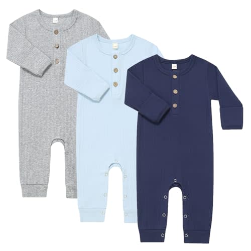 Bafeicao Baby Boy Girl 3 Pack Solid Romper Ribbed Cotton Long Sleeve Jumpsuit Infants Outfits Clothes with Mitten Cuffs