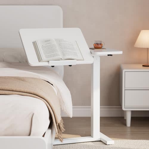 Solid Wood Hospital Bed Table with Wheels，White | Tilt‑Adjustable Overbed Bedside Table, Medical Laptop Stand, Rolling Standing Desk for Hospital & Home Use