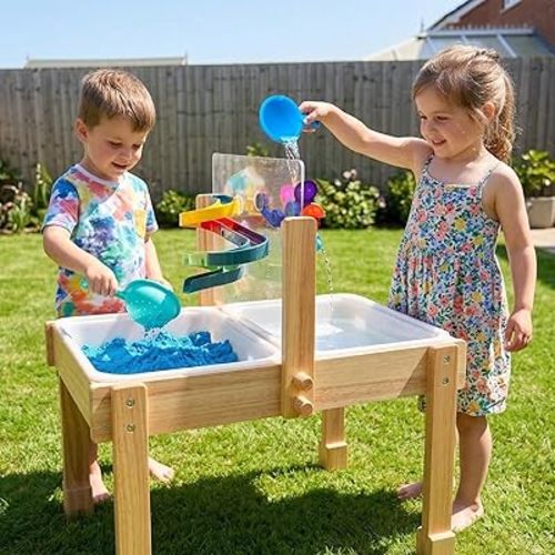 Sand and Water Table for Toddlers, Wooden Activity Sensory Table, Kid Outdoor Toys with Painting PS Board, 2 Collapsible Bins, Beach Accessories, 4 Washable Paint Crayons and Waterproof Cover