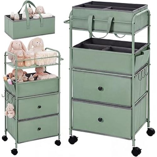 FoldTier 3In1 Baby Diaper Caddy Organizer Cart 4 Tier Large Capacity Metal Utility Bedside Rolling Cart with Divider Newborn Registry Nursery Essential Must Have Bedroom Gift Baby Shower (Green)
