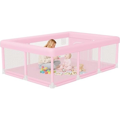 Large Baby Playpen 74"x50", Baby Girl Play Pen for Babies and Toddlers Pink, Safe Structure and Soft, Skin-Friendly Fabric with Zipper Gates