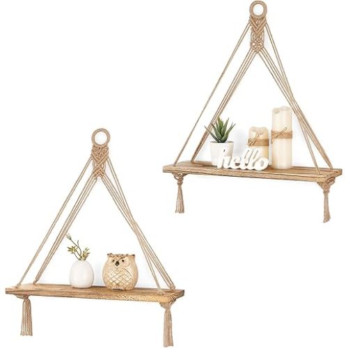 Mkono Macrame Hanging Shelves Boho Wall Decor Set of 2 Rustic Wood Floating Storage Shelf for Bedroom Bathroom Living Room Nursery Dorm Room, Display Shelving for Hanging Plants Photos