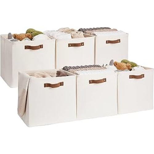 StorageWorks 13x13 Storage Cubes, Collapsible Storage Bins Organizer for Closet, Fabric Storage Box with PU Handles, Beige, 6-Pack