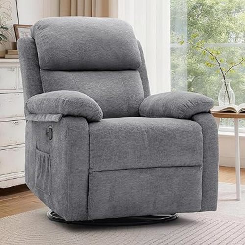 Korser Recliner Chair, 360 Swivel Rocker Chair for Adults, Small Rocking Recliner Chair for Small Spaces, Upholstered Chenille Fabric Glider Recliner Nursery Chair with Side Pockets for Living Room
