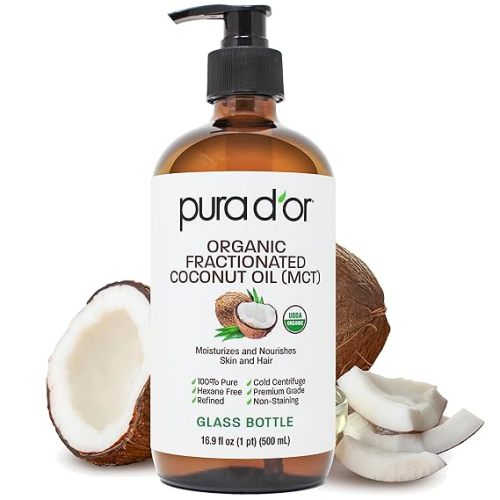 PURA D'OR 16.9 Oz ORGANIC Fractionated Coconut Oil (GLASS BOTTLE) USDA Certified MCT Oil – Therapeutic, Lightweight Moisturizer – Hexane Free Carrier Oil For Essential Oils, Massage – Face, Hair, Body