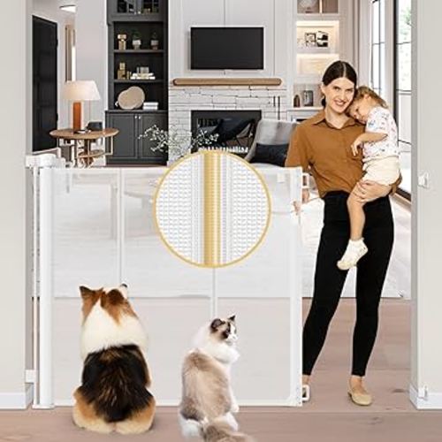 Reinforced 42" Extra Tall Retractable Baby Gates Tall Dog Gate with Support Rods, 55" Wide Mesh Gate Retractable Pet Gate Indoor/Outdoor Baby Gates for Dogs - Bottom Anti-Escape, White