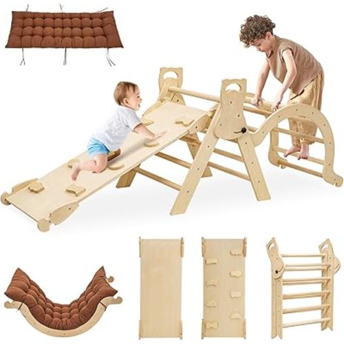 Large Foldable Toddler Climbing Toys Indoor Jungle Gym, Pikler Triangle Set with Cushion, S-lide and Arch, 7-in-1 Montessori Climbing Set(1.5-5yrs)