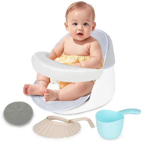 TOSGN Swivel Baby Bath Seat, Openable Armrest and 360° Rotatable Baby Bath Seat for Babies 6 Months & up, Baby Bath Mat/Rinse Cup/Brush/Baby Shower Cap Included, White