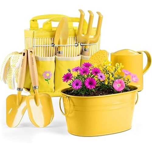 8Pcs Kids Gardening Set with Metal Basket & Real Metal Tools, STEM Outdoor Kit, Ergonomic Wooden Handles, 3 Shovels, Rake, Watering Can, Gloves, Tote Bag, Gift for Toddler Boys Girls, Yellow