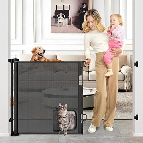 Retractable Baby Gates with Door 55" Wide Retractable Dog Gate with Pet Door Outdoor Retractable Gate for Dogs Mesh Baby Gate Retractable Pet Gate with Cat Door Retractable Child Gates for Doorways