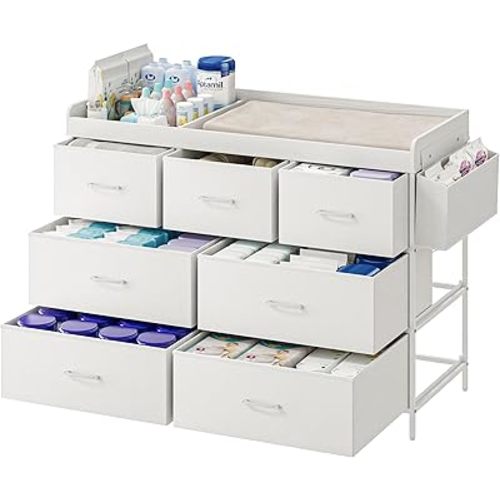 St.Mandyu Baby Changing Table, Multi-Functional Baby Dresser with 7 Fabric Drawers, Waterproof Baby Changing Pad & Station with Storage, Modern Nursery Dresser for Bedroom (White)