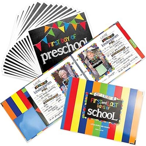 Class Keeper School Memory Book with First and Last Day of School Photo Signs, Primary Stripes Scrapbook Album and Primary Pennant Flags Photo Props