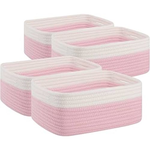 OIAHOMY 4 Pack Storage Baskets for Organizing, Small Bins for Shelves, Cute Decorative Storage Bins, Organizer Baskets for Gifts Empty, 13.8''Lx9.8''Wx5.5''H, Pink/White