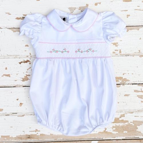 Soft Knit Smocked Bubble Romper Newborn Baby Girl Hand Smocking Shower Gift Portraits Birthday Party Church White with Delicate Pink Flowers