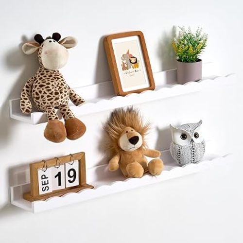 Fun Memories Scalloped Floating Shelves for Wall 32in, Solid Pine Wood Nursery Book Shelves, Kids Wall Shelves for Bedroom, Toddler Room Storage & Nursery Decor, Set of 2