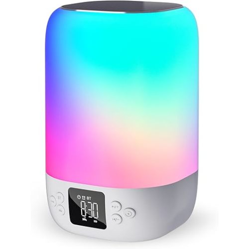 Night Light Bluetooth Speaker Alarm Clock, Sound Machine with White Noise, Touch Bedside Lamp for Bedroom, Dimmable Warm Light, 8 RGB Color Changing, Ideal Gift for 10-15 Year Old Teenage Boys Girls