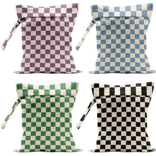 4 Pack Cute Wet Bag Waterproof Washable Reusable Wet Dry Bag for Swimsuit Dirty Clothes Diaper Travel Pool Yoga Gym Christmas Birthday Party Camping Toiletries Beach Essentials, Colorful Checkered