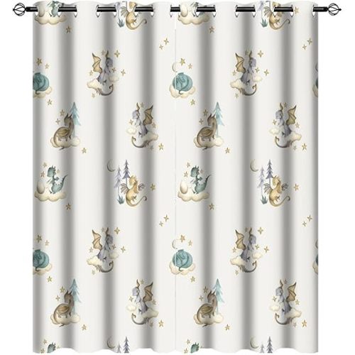Watercolor Cute Baby Dragon Curtains for Bedroom - Fantasy Cartoon Mid Century Woodland Dragon Window Drapes,Energy Saving Thermal Insulated Grommet Top Bedroom Blackout Curtains 45L x 21W,2 Panels