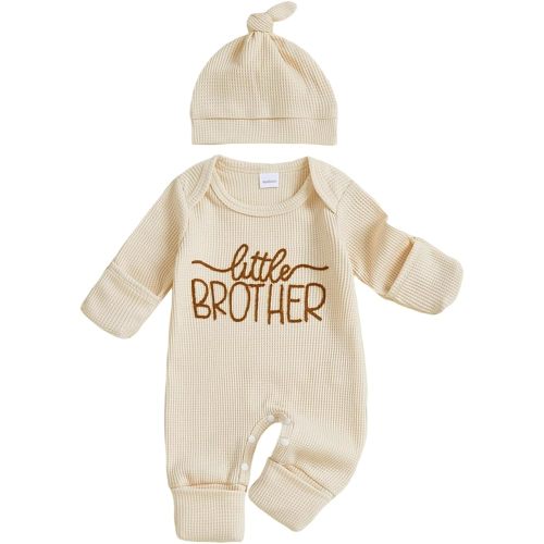 allshope Newborn Baby Boy Fall Outfit Romper Little Brother Lil Bro Long Sleeve Jumpsuit Bodysuit Cute Infant Waffle Clothes